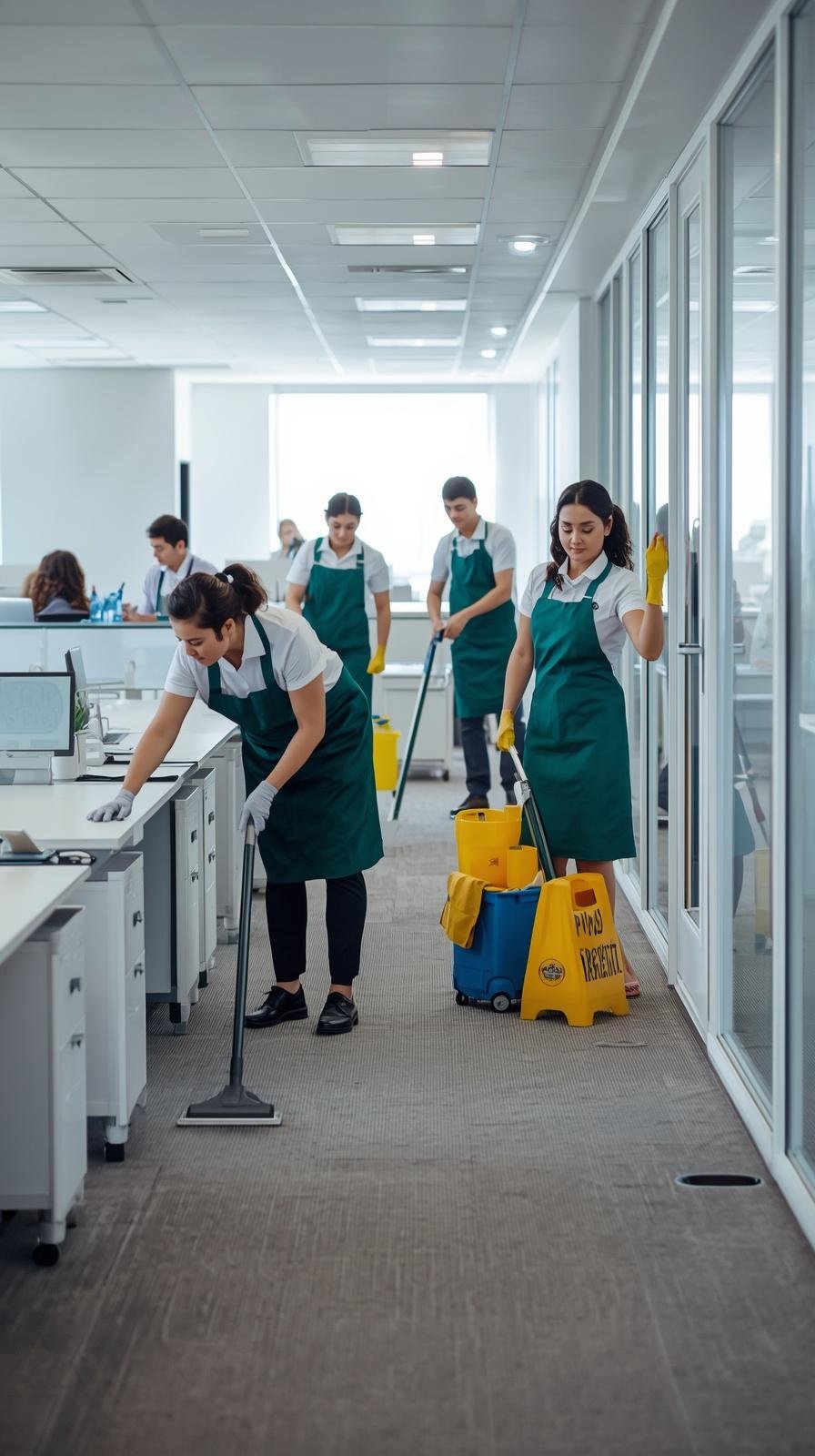 now create a image of a professional cleaning team while cleaning a business office