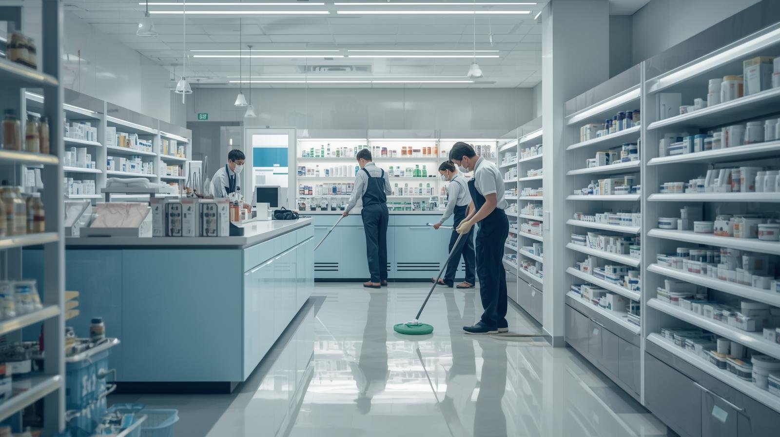 professional team cleaning a pharmacy